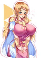 Rule 34 | 1girl, absurdres, alternate breast size, aqua eyes, armor, bead necklace, beads, blonde hair, blush, bracer, breasts, commentary request, cowboy shot, dress, earrings, embarrassed, flying sweatdrops, gem, highres, huge breasts, jewelry, long hair, looking at viewer, necklace, nintendo, open mouth, outline, own hands together, parted bangs, pauldrons, pink dress, pink outline, pointy ears, princess zelda, short sleeves, shoulder armor, sidelocks, simple background, solo, standing, super smash bros., sweat, the legend of zelda, the legend of zelda: a link between worlds, tiamat (momokuri mannen), tiara, triangle earrings, triforce, v arms, white background, white dress