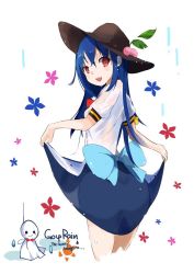 Rule 34 | 1girl, black hat, blouse, blue bow, blue dress, blue hair, bow, commentary request, cowboy shot, dress, food, from behind, fruit, hat, hinanawi tenshi, large bow, long hair, looking at viewer, looking back, peach, red eyes, shirt, skirt hold, solo, standing, tetsurou (fe+), touhou, wet, white shirt