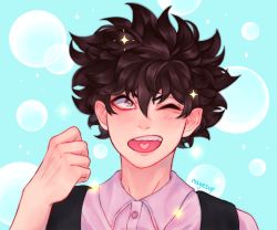 Rule 34 | 1boy, artist name, backpack, bag, black eyes, black hair, blue background, boku no hero academia, bubble, buttons, claireiosity, clenched hand, collared shirt, curly hair, derivative work, eyebrows, eyelashes, hair between eyes, heart, light blush, male focus, one eye closed, open mouth, pale skin, screenshot redraw, shindou you, shirt, short hair, solo, solo focus, sparkle, sparkling eyes, teeth, tongue, tumblr username, watermark, white shirt, wink