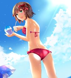 Rule 34 | 1girl, :d, amami haruka, ass, bad id, bad pixiv id, bikini, blue sky, blush, bow, brown hair, cloud, food, from behind, from below, green eyes, hair bow, highres, holding, idolmaster, idolmaster (classic), open mouth, parasol, red bikini, red bow, red ribbon, ribbon, shaved ice, short hair, sky, smile, solo, standing, strapless, strapless bikini, sunlight, swimsuit, umbrella, z.nov