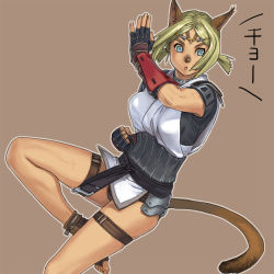 Rule 34 | 1girl, animal ears, black gloves, blonde hair, brown background, brown eyes, cat ears, cat girl, cat tail, clenched hand, final fantasy, final fantasy xi, fingerless gloves, fingernails, gloves, mithra (ff11), monk (final fantasy), no eyebrows, outline, parted bangs, short hair, short twintails, simple background, solo, tail, thigh strap, toeless footwear, twintails, white outline, yuccoshi