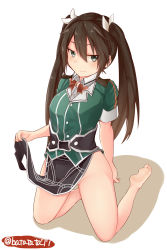 Rule 34 | 10s, 1girl, bare legs, barefoot, batatata77, black skirt, blush, bow, bowtie, brown hair, clothes lift, eyes visible through hair, feet, full body, grey eyes, hair ribbon, highres, kantai collection, kneeling, long hair, long skirt, no panties, pelvic curtain, ribbon, seductive smile, short sleeves, side slit, simple background, skirt, skirt lift, smile, soles, solo, toes, tone (kancolle), tone kai ni (kancolle), twintails, twitter username, white background
