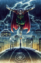 Rule 34 | 1boy, absurdres, boots, building, cape, city, dragon ball, dragonball z, electricity, gloves, great saiyaman, helmet, highres, lightning, looking at viewer, male focus, rain, skyscraper, smile, solo, son gohan, storm, thunder, water, wet, zach smithson