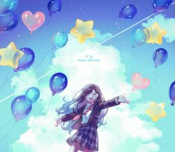 Rule 34 | 1girl, balloon, blazer, blue sky, bumgae, closed eyes, cloud, collared shirt, commentary, dated, dress shirt, earrings, floating, floating hair, floating object, hair ornament, happy birthday, heart balloon, highres, jacket, jewelry, kamiyama high school uniform (project sekai), korean commentary, lapels, necktie, notched lapels, open mouth, outstretched arms, plaid, plaid skirt, project sekai, school uniform, shiraishi an, shirt, skirt, sky, smile, solo, star (symbol), star balloon, star earrings, star hair ornament, striped necktie, white shirt, wind, wind lift