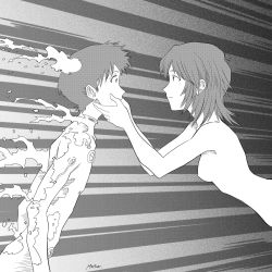 Rule 34 | 1boy, 1girl, breasts, greyscale, hands on another&#039;s face, highres, ikari shinji, ikari yui, lcl, monochrome, mother and son, neon genesis evangelion, nude, smile