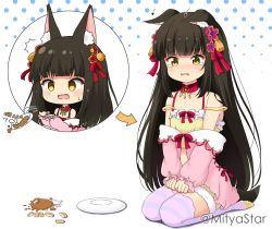 Rule 34 | 1girl, ^^^, animal ear fluff, animal ears, arrow (symbol), azur lane, bare shoulders, black hair, blush, bow, brown eyes, chibi, collarbone, commentary request, dropping, ears down, flower, food, fox ears, fox girl, fox tail, fur-trimmed shorts, fur trim, hair flower, hair ornament, halftone, halftone background, hands on lap, jacket, long sleeves, mitya, nagato (azur lane), nagato (guardian fox&#039;s vacation) (azur lane), no shoes, off shoulder, open mouth, pink jacket, plate, puffy long sleeves, puffy sleeves, red bow, red flower, rice, seiza, shadow, short shorts, shorts, sitting, sleeves past wrists, soles, striped clothes, striped thighhighs, tail, tears, thighhighs, twitter username, wavy mouth, white background, yellow eyes, yellow shorts
