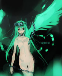 Rule 34 | 1girl, breasts, fantasy, green hair, green theme, nude, original, refeia, solo, thigh gap, wings