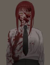 Rule 34 | 1girl, absurdres, black necktie, black pants, blood, blood on clothes, blood on face, braid, braided ponytail, chainsaw man, collared shirt, grey background, highres, looking at viewer, makima (chainsaw man), medium hair, necktie, nosebleed, pants, ringed eyes, shirt, shirt tucked in, sidelocks, simple background, solo, white shirt, yellow eyes, yuuwaku06