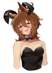 Rule 34 | 1girl, absurdres, agnes tachyon (umamusume), ahoge, animal ears, bare shoulders, black bow, black bowtie, black leotard, blush, bow, bowtie, breasts, cleavage, earrings, fake animal ears, hair between eyes, highres, horse ears, horse girl, jewelry, leotard, looking at viewer, medium breasts, nontraditional playboy bunny, open mouth, pirukusu, red eyes, short hair, simple background, single earring, solo, traditional bowtie, umamusume, upper body, white background