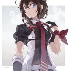 Rule 34 | 1girl, ahoge, black gloves, black hair, black jacket, black shirt, blue eyes, braid, cropped jacket, fingerless gloves, gloves, hair flaps, hair over shoulder, highres, jacket, kantai collection, long hair, looking at viewer, necktie, puffy short sleeves, puffy sleeves, red necktie, shigure (kancolle), shigure kai san (kancolle), shirt, short sleeves, single braid, sleeveless, sleeveless shirt, solo, split mouth, sugue tettou, two-tone shirt, upper body, white background