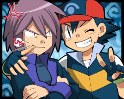 Rule 34 | 2boys, amada, angry, annoyed, ash ketchum, baseball cap, black hair, cheek poking, child, creatures (company), crossed arms, fingerless gloves, game freak, gloves, grin, hat, looking at another, male focus, multiple boys, nintendo, one eye closed, paul (pokemon), pokemon, pokemon (anime), pokemon dppt (anime), poking, purple hair, smile, v, wink