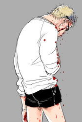 Rule 34 | 10s, 1boy, blonde hair, blood, blood on clothes, blood on face, cowboy shot, grey background, haikyuu!!, hand on own face, looking at viewer, male focus, nosebleed, short hair, shorts, simple background, sketch, solo, standing, tsukishima kei, zkakq