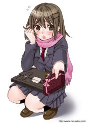 Rule 34 | 1girl, blazer, brown eyes, brown hair, gift, hair ornament, hairclip, hairpin, holding, holding gift, incoming gift, jacket, mattaku mousuke, original, pink scarf, scarf, school uniform, simple background, solo, squatting, valentine, watermark, web address, white background