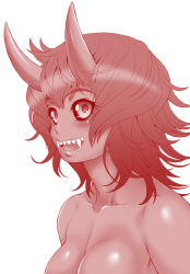 Rule 34 | 10s, 1girl, :d, black sclera, breasts, collarbone, colored sclera, eyebrows, fangs, gala (monster musume), horns, kouda tomohiro, medium breasts, monochrome, monster girl, monster musume no iru nichijou, monster musume no iru nichijou online, nude, open mouth, out-of-frame censoring, portrait, red theme, sharp teeth, simple background, smile, solo, teeth, white background