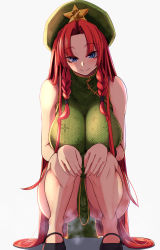 Rule 34 | 1girl, black footwear, blue eyes, blush, braid, breasts, china dress, chinese clothes, closed mouth, dress, green dress, green hat, grey background, hat, hat ornament, heart, heart-shaped pupils, highres, hong meiling, large breasts, long hair, red hair, simple background, smile, solo, star (symbol), star hat ornament, steam, symbol-shaped pupils, textless version, touhou, twin braids, white background, yukito (dreamrider)