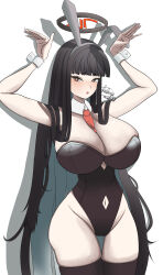 Rule 34 | 1girl, absurdres, animal ears, black hair, black halo, black leotard, blue archive, blunt bangs, blush, breasts, bright pupils, clothing cutout, detached collar, fake animal ears, hair ornament, halo, highleg, highleg leotard, highres, huge breasts, kalmia smoke, large breasts, leotard, long hair, looking at viewer, navel cutout, necktie, playboy bunny, rabbit ears, red eyes, red halo, rio (blue archive), signature, simple background, solo, strapless, strapless leotard, thighhighs, very long hair, wrist cuffs