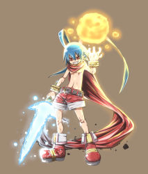 Rule 34 | 1boy, antenna hair, bad id, bad pixiv id, belt, blue hair, boots, bracelet, disgaea, energy ball, energy blade, fang, grin, highres, jewelry, laharl, makai senki disgaea, male focus, red eyes, red scarf, red shorts, scarf, topless male, shorts, smile, solo, standing, warumono tomii