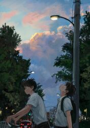 Rule 34 | 2boys, absurdres, backpack, bag, bicycle, black eyes, black hair, blue sky, building, city, cloud, cloudy sky, collared shirt, commentary, evening, from side, highres, lamppost, looking ahead, looking up, male focus, minahamu, multiple boys, original, outdoors, pocket, profile, riding, riding bicycle, scenery, shirt, short hair, short sleeves, sky, tandem bicycle, tree, upper body, utility pole, white shirt