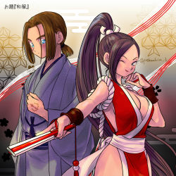 Rule 34 | 1boy, 1girl, arm guards, blue eyes, breasts, brown hair, cleavage, commentary request, cosplay, dragon quest, dragon quest xi, fatal fury, folded fan, folding fan, hand fan, hand tattoo, hero (dq11), highres, holding, holding fan, japanese clothes, kimono, large breasts, long hair, looking at viewer, martina (dq11), one eye closed, pekuchin (pekuchin 3), pelvic curtain, purple hair, revealing clothes, shiranui mai, shiranui mai (cosplay), sleeveless, sleeveless kimono, snk, square enix, tattoo, the king of fighters, twitter username, very long hair