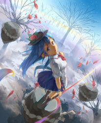 Rule 34 | 1girl, bad id, bad pixiv id, blue eyes, blue hair, cloud, day, floating rock, floating rocks, food, forest, fruit, hat, highres, hinanawi tenshi, huanxiang heitu, long hair, looking at viewer, looking back, matching hair/eyes, nature, peach, puffy sleeves, shirt, short sleeves, skirt, sky, solo, sword of hisou, touhou, very long hair, winter