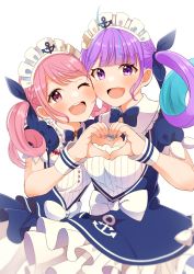 Rule 34 | 2girls, :d, ;d, ahoge, alternate costume, anchor symbol, bang dream!, blue dress, blue nails, blue neckwear, blue ribbon, blunt bangs, bow, bowtie, breasts, cheek-to-cheek, cheek press, cowboy shot, crossover, dress, dress bow, elu pom, frilled dress, frills, hair ribbon, heads together, heart, heart hands, heart hands duo, highres, hololive, long sleeves, looking at viewer, maid, maid headdress, maruyama aya, medium breasts, minato aqua, minato aqua (1st costume), multicolored hair, multiple girls, nail polish, official alternate costume, one eye closed, open mouth, pink eyes, pink hair, pink nails, puffy short sleeves, puffy sleeves, purple eyes, purple hair, ribbon, short sleeves, sidelocks, simple background, smile, standing, streaked hair, swept bangs, teeth, twintails, two-tone hair, upper teeth only, virtual youtuber, waitress, white background, white bow, wrist cuffs