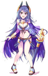 Rule 34 | 1girl, absurdres, alternate costume, bikini, blue eyes, blush, breasts, cleavage, collarbone, commentary request, full body, hair ornament, hairclip, highres, horns, looking at viewer, medium breasts, navel, open mouth, princess connect!, purple eyes, rapier, rei (princess connect!), sandals, solo, swimsuit, sword, teeth, upper teeth only, weapon, wet, white background, yamada prcn