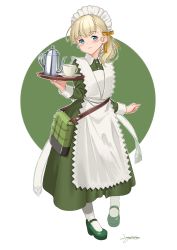 Rule 34 | 1girl, absurdres, apron, blonde hair, blue eyes, blunt bangs, coffee cup, coffee pot, cup, disposable cup, dress, full body, green dress, highres, holding, holding tray, kantai collection, long hair, long sleeves, maid, maid apron, maid headdress, official alternate costume, sagoromo 04, shin&#039;you (kancolle), side ponytail, solo, tray, white apron