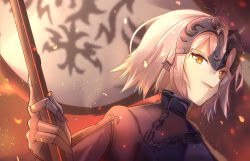 Rule 34 | 1girl, armor, armored dress, chain, fate/grand order, fate (series), fire, flag, gorogoronemuri, headpiece, highres, holding, holding flag, jeanne d&#039;arc (fate), jeanne d&#039;arc alter (avenger) (fate), jeanne d&#039;arc alter (fate), short hair, silver hair, solo, upper body, yellow eyes