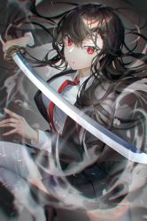 Rule 34 | 1girl, a0lp, blazer, brown hair, collared shirt, feet out of frame, floating hair, hands up, highres, holding, holding sword, holding weapon, jacket, leg up, long hair, necktie, original, red eyes, red necktie, shirt, skindentation, skirt, solo, sword, thighhighs, weapon, white thighhighs, wind, zettai ryouiki