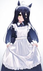 Rule 34 | 1girl, ahoge, alternate costume, animal ears, apron, black dress, black hair, buttons, closed mouth, collared dress, commentary request, dot nose, dress, enmaided, gradient background, highres, horse ears, kuronosu (yamada1230), long dress, long hair, long sleeves, looking at viewer, maid, maid apron, manhattan cafe (umamusume), multicolored hair, skirt hold, smile, solo, streaked hair, umamusume, yellow eyes