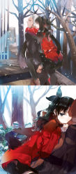Rule 34 | 1boy, 1girl, archer (fate), bare tree, black hair, black thighhighs, brown hair, caramel (caramelmalt), carrying, fate/stay night, fate (series), highres, piggyback, scarf, snowing, thighhighs, tohsaka rin, tree, two side up, white hair, zettai ryouiki