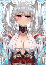 Rule 34 | 1girl, absurdres, azur lane, bare shoulders, blunt bangs, blush, breasts, center opening, collarbone, detached sleeves, dragon girl, dragon horns, hair on horn, hands up, highres, horns, japanese clothes, kimono, large breasts, long hair, looking at viewer, parted lips, red eyes, shimanto (azur lane), siota1998, solo, upper body, water drop, wet, wet clothes, white hair, wide sleeves