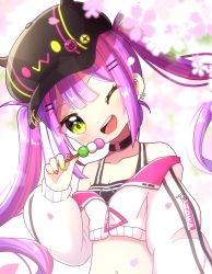 Rule 34 | 1girl, :d, badge, blunt bangs, blush, breasts, button badge, cherry blossoms, choker, cleavage, cropped jacket, dango, ear piercing, earrings, fake horns, food, hair ornament, hairclip, head tilt, highres, holding, holding food, hololive, horned headwear, horns, jacket, jewelry, long hair, looking at viewer, midriff, mmmera827, multicolored hair, multiple earrings, navel, o-ring, o-ring choker, off shoulder, one eye closed, open mouth, pierced hat, piercing, pink hair, purple hair, sanshoku dango, smile, solo, streaked hair, tank top, tokoyami towa, twintails, virtual youtuber, wagashi, yellow eyes