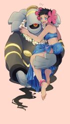 Rule 34 | 1girl, :d, anklet, bandeau, barefoot, black hair, blue bandeau, blue eyes, blue sarong, commentary request, creatures (company), dusknoir, elizabeth (tomas21), flower, flower wreath, game freak, gen 4 pokemon, hair flower, hair ornament, highres, holding, jewelry, nintendo, notice lines, open mouth, phoebe (pokemon), pokemon, pokemon (creature), pokemon rse, sarong, short hair, smile, spiked hair, toes
