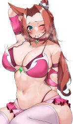 Rule 34 | 1girl, absurdres, animal ears, aqua eyes, arm up, bikini, bikini skirt, blush, breasts, brown hair, choker, cleavage, closed mouth, collarbone, commentary request, commission, highres, horse ears, horse girl, kawakami princess (umamusume), kshimu, large breasts, long hair, looking at viewer, mouth hold, navel, pink bikini, sidelocks, simple background, sitting, skeb commission, skindentation, smile, solo, sweat, swimsuit, thighhighs, umamusume, white background, white thighhighs