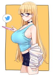 Rule 34 | 1girl, aqua nails, black shorts, blonde hair, blue shirt, blush, breasts, cellphone, choker, collarbone, glasses, heart, heart choker, highres, jacket, large breasts, lina (michihasu), long hair, looking at viewer, michihasu, midriff, multicolored eyes, nail polish, orange background, original, phone, shirt, short shorts, shorts, simple background, smartphone, tank top, twitter logo, very long hair