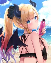 Rule 34 | 1girl, beach, bikini, bikini top only, blonde hair, blue eyes, blue sky, bottle, breasts, cloud, cloudy sky, day, demon girl, demon horns, demon wings, fingernails, from behind, hair ornament, hair scrunchie, heart, holding, holding bikini, holding bikini top, holding bottle, holding clothes, holding swimsuit, hololive, horns, long fingernails, looking at viewer, lotion, masuishi kinoto, multicolored hair, nail polish, ocean, official art, outdoors, pointy ears, ponytail, sand, scrunchie, shoulder blades, sky, solo, sunscreen, swimsuit, virtual youtuber, wings, yuzuki choco, yuzuki choco (hololive summer 2019)