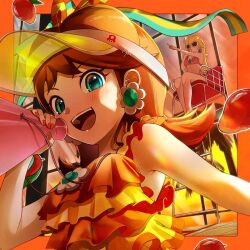 Rule 34 | 2girls, alternate costume, bikini, blonde hair, blowing whistle, blue eyes, blush, brown hair, earrings, eyelashes, flower brooch, flower earrings, holding, holding megaphone, jewelry, lifeguard tower, looking at viewer, mango, mario (series), mario kart, mario kart tour, megaphone, multiple girls, nintendo, open mouth, pearl earrings, pointing, pointing at another, ponfu y, princess daisy, princess daisy (swimwear), princess peach, princess peach (swimwear), smile, summer, sunglasses, super mario odyssey, super mushroom, swimsuit, visor cap, whistle