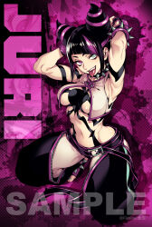 1girl abstract_background arms_behind_head artist_name baggy_pants black_hair black_pants breast_cutout chaps character_name chinese_clothes collar commentary cone_hair_bun diagonal_bangs dudou fang fishine full_body green_eyes hair_bun hair_horns han_juri heterochromia highres multicolored_hair navel open_mouth pants polka_dot polka_dot_background purple_background purple_eyes purple_hair revealing_clothes sample_watermark side_slit solo spider_tattoo spiked_anklet spiked_collar spiked_wristband spikes splatter squatting stomach streaked_hair street_fighter street_fighter_6 tattoo teeth three_quarter_view toeless_legwear tongue tongue_out two-tone_hair upper_teeth_only watermark zipper