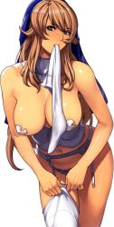 Rule 34 | 10s, 1girl, breasts, brown hair, corset, garter belt, garter straps, green eyes, habit, large breasts, long hair, mouth hold, nun, panties, pasties, queen&#039;s blade, queen&#039;s blade rebellion, sigui (queen&#039;s blade), solo, standing, thighhighs, underwear, white thighhighs