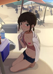 Rule 34 | absurdres, beach umbrella, blush, bottle, brown hair, bulge, collarbone, cooler, day, full body, hands up, highres, holding, holding towel, initsukkii, kneeling, long hair, looking at viewer, male focus, navel, on ground, original, outdoors, pasties, ponytail, shadow, sidelocks, solo focus, sweatdrop, swept bangs, thighs, towel, trap, umbrella, water bottle