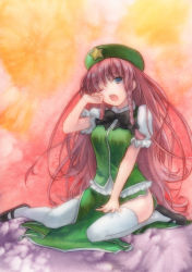 Rule 34 | 1girl, bad id, bad pixiv id, blue eyes, bow, braid, female focus, geroro, hair bow, hat, hong meiling, long hair, one eye closed, open mouth, painting (medium), red hair, solo, star (symbol), tears, thighhighs, touhou, traditional media, twin braids, very long hair, watercolor (medium), white thighhighs, wink, yawning