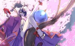 Rule 34 | 1girl, ankle ribbon, barefoot, blush, breasts, cherry blossoms, commentary request, cup, echo (circa), fangs, fate/grand order, fate (series), gourd, horns, japanese clothes, kimono, leg ribbon, looking at viewer, oni, open clothes, open kimono, open mouth, purple eyes, purple hair, revealing clothes, ribbon, sakazuki, short eyebrows, short hair, shuten douji (fate), shuten douji (first ascension) (fate), sitting, skin-covered horns, small breasts, solo, toes