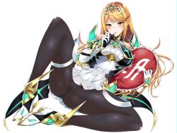 Rule 34 | 1girl, armor, black pantyhose, blonde hair, blush, breasts, commentary request, earrings, gem, gloves, headpiece, highres, jewelry, large breasts, long hair, mythra (massive melee) (xenoblade), mythra (xenoblade), nintendo, panties, panties under pantyhose, pantyhose, pillow, pussy, sleeveless, solo, super smash bros., swept bangs, thigh strap, tiara, underwear, xenoblade chronicles (series), xenoblade chronicles 2, yellow eyes, yuuki shin