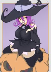 Rule 34 | 1girl, artist request, blair (soul eater), blush, border, breasts, flipped hair, hair between eyes, hat, highres, large breasts, long hair, pumpkin, purple hair, sitting, smile, solo, soul eater, wide hips, witch hat, yellow eyes