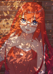 Rule 34 | 1girl, ahoge, bare shoulders, blue eyes, breasts, brick wall, collarbone, dress, glasses, go-toubun no hanayome, hair ornament, hands up, irarei (araisanblog), large breasts, long hair, looking at viewer, nakano itsuki, open mouth, overalls, rectangular eyewear, red-framed eyewear, red hair, red overalls, shadow, solo, star (symbol), star hair ornament, strapless, strapless dress, upper body, white dress