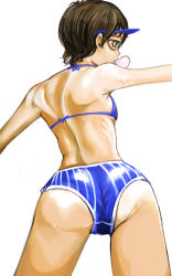 Rule 34 | 1girl, ass, bikini, blue bikini, brown hair, blowing bubbles, chewing gum, from behind, glasses, kazaana, original, shorts, simple background, solo, striped clothes, striped shorts, swimsuit, vertical-striped clothes, vertical-striped shorts, visor, visor cap