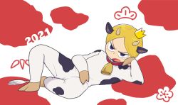 Rule 34 | 1boy, 2021, aboutama, alternate costume, animal print, bell, blonde hair, blue eyes, child, cow boy, cow horns, cow print, crown, daida, elbow rest, full body, horns, lying, male focus, neck bell, on side, ousama ranking, prince, short hair, solo