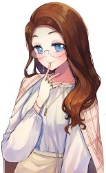 Rule 34 | 1girl, absurdres, blue eyes, breasts, brown hair, brown shawl, brown skirt, finger to mouth, glasses, hana macchia, hana macchia (3rd costume), highres, jewelry, long hair, looking at viewer, medium breasts, multiple rings, necklace, nijisanji, nijisanji id, official alternate costume, pipbit, plaid shawl, ring, shawl, shirt, shirt tucked in, skirt, smile, solo, virtual youtuber, white shirt
