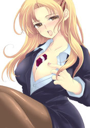 Rule 34 | 1girl, bad id, bad pixiv id, between breasts, blonde hair, breasts, brown eyes, brown pantyhose, cleavage, hair ornament, hairclip, large breasts, open clothes, open shirt, original, pantyhose, sakurai unan, shirt, solo, valentine